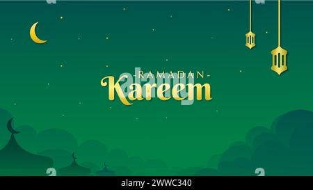 Beautiful night sky with golden lanterns and moon among sparkling stars. Islamic greeting card design template Stock Vector