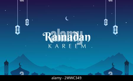 view of the mountains on a beautiful blue night with sparkling stars and moon with silver lantern ornaments and the silhouette of a magnificent mosque Stock Vector