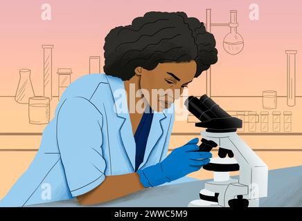 Scientist analyzing sample through microscope in laboratory Stock Photo