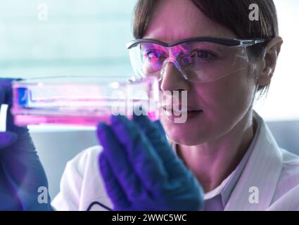 Scientist examining liquid in glassware and experimenting in laboratory Stock Photo