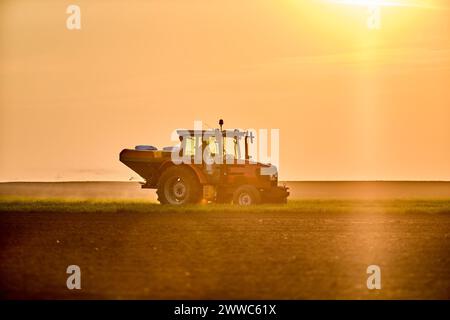 Farmer spreading fertilizer through tractor on field at sunset Stock Photo