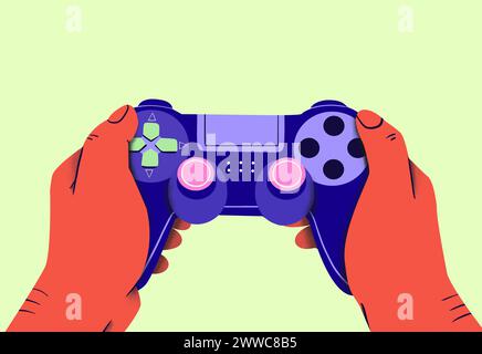 Hands of person holding joystick against green background Stock Photo