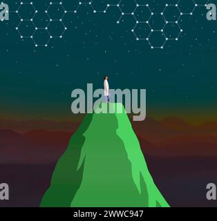 Woman looking at hexagonal star formations from mountaintop at night Stock Photo