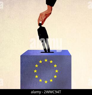 Oversized hand putting silhouette of man inside ballot box Stock Photo