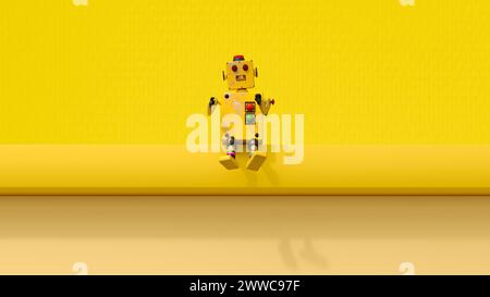 3D render of old-fashioned toy robot sitting on yellow ledge Stock Photo