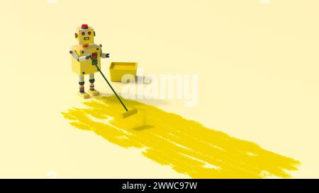 3D render of toy robot cleaning large yellow stain Stock Photo