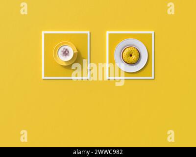 3D render of cup of coffee and doughnut on square coasters Stock Photo