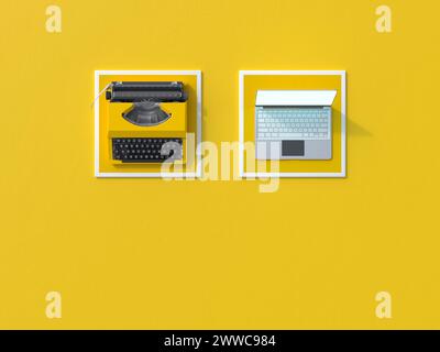 3D render of typewriter and modern laptop on square coasters Stock Photo