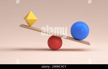 Geometric shapes balancing on top of sphere over pink background Stock Photo