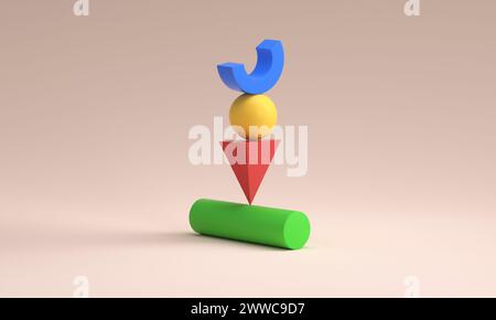 Geometric volumes in impossible balance stack one on each other over colored background Stock Photo