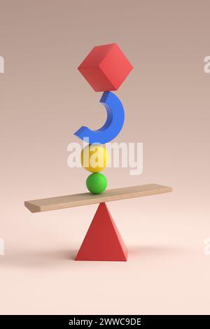 Geometric shapes in equilibrium with wood plank over pink background Stock Photo