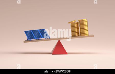 Balance of solar panel and money stack on plank over pink background Stock Photo