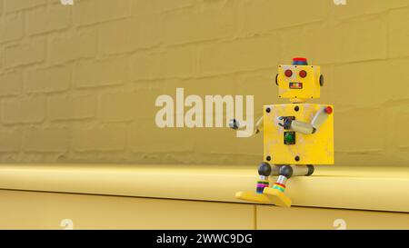 3D render of old-fashioned toy robot sitting on yellow ledge Stock Photo