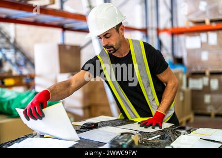 Worker examining documents at wood distribution warehouse Stock Photo