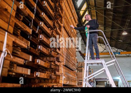 Worker standing on ladder and applying labels on wooden pallets Stock Photo