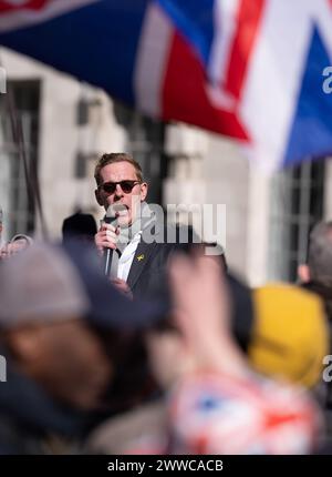 Laurence Fox addressing the 'Rally for British Culture' protest, organised by Turning Point UK, at the Cenotaph in Whitehall, London. Picture date: Saturday March 23, 2024. Stock Photo