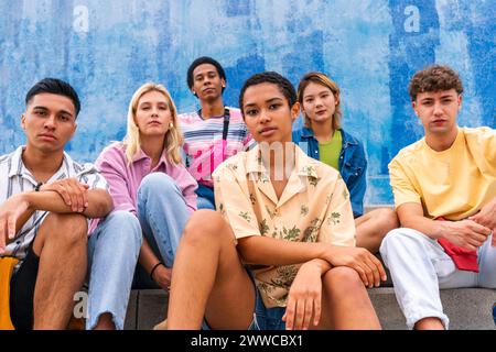 Confident young people sitting on steps in front of wall Stock Photo