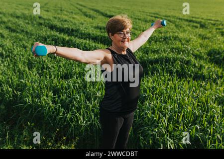 Senior woman exercising with dumbbells in meadow Stock Photo
