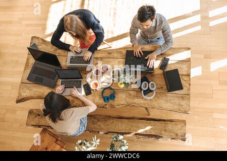 Diverse team of programmers coding on laptops at table Stock Photo