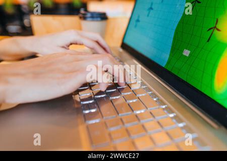 Hands of businesswoman typing on laptop keyboard Stock Photo