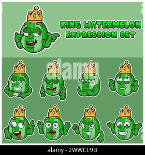 Cartoon of King Watermelon Expression Set With Crown. Vector Illustrations. Stock Vector