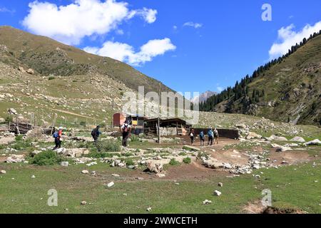 August 31 2023 - Semyonovka, Kyrchyn Valley in Kyrgyzstan: People enjoy the nature in the north of Kyrgyzstan mountains Stock Photo