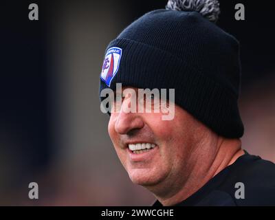 Chesterfield, UK. 23rd Mar, 2024. Chesterfield Manager Paul Cook prepares for kick off during the Chesterfield FC v Boreham Wood FC Vanarama National League match at the SMH Group Stadium, Chesterfield, England, United Kingdom on 23 March 2024 Credit: Every Second Media/Alamy Live News Stock Photo