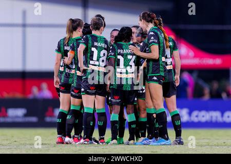 Western United players form a huddle during the A-League Women Rd21 match between Western Sydney Wanderers and Western United at Wanderers Football Pa Stock Photo