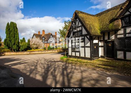 The White Lion a17th century black and white half timbered thatched roofed coaching inn in The Cheshire village of Barthomley Stock Photo