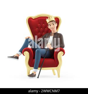 3d cartoon man sitting in throne, illustration isolated on white background Stock Photo