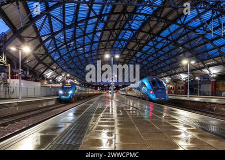 First Transpennine Express class 802 802211b and class 397 397012  under the train shed roof at Liverpool Lime street station, Merseyside, UK Stock Photo