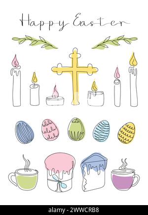 Easter card with Happy Easter greeting. Easter Set in continuous one line style with design elements like Easter cakes, eggs, cross, candles, steaming mugs, plants. Vector art isolated on white Stock Vector