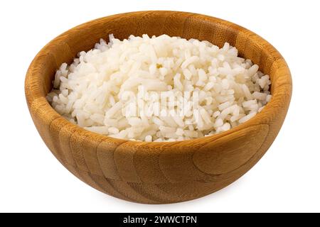 Cooked white rice in a dark wood bowl isolated on white. Stock Photo