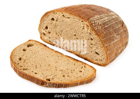 Half loaf of european rye bread next to a slice of rye bread isolated on white. Stock Photo
