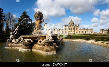 CASTLE HOWARD, YORK, UK - MARCH 23, 2024.  A landscape panorama of The Atlas Fountain in the formal gardens of Castle Howard Stately House in the Howa Stock Photo