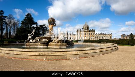 CASTLE HOWARD, YORK, UK - MARCH 23, 2024.  A landscape panorama of The Atlas Fountain in the formal gardens of Castle Howard Stately House in the Howa Stock Photo