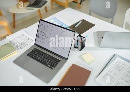 Laptop with mobile application wireframe on screen Stock Photo