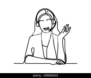 help operator woman drawn in one line style. Vector illustration. Stock Vector
