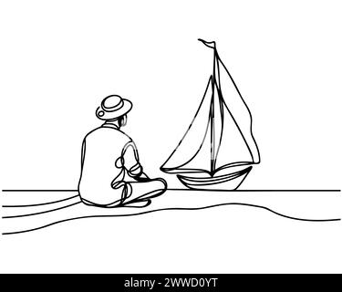 Continuous one line drawing man looking at ship. Stock Vector