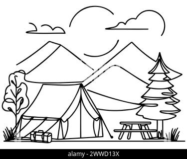 Single one line drawing tourist tent in pine forest, mountains on cloudy sky. Summer camping. Natural outdoor activities. Tent and fire camp. Stock Vector