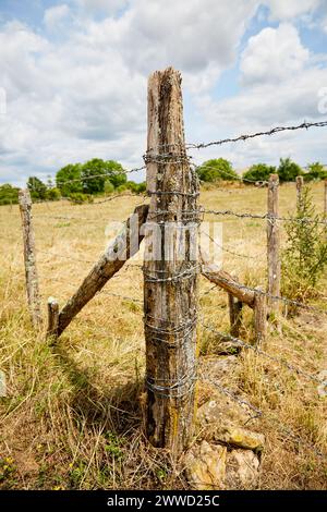 Barbed Wire Wrapped around a Fence Post of Old Wooden Posts Stock Photo