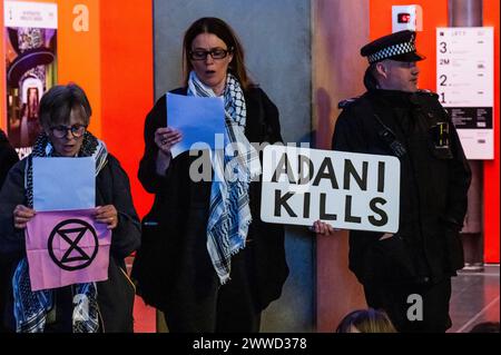 London, UK. 23rd Mar, 2024. The Police make a low key appearance - Extinction Rebellion Reclaim the Science Museum. They are protesting about greenwashing as a new climate exhibition is sponsored by Adani, a coal producer. As well as through sponsorship from Equinor of Wonderland (Norwegian Oil) and from BP. Credit: Guy Bell/Alamy Live News Stock Photo