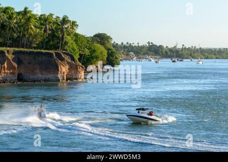 Pipa Beach Brazil. Boats in the late afternoon at Lagoa das Guarairas, Tibau do Sul, near Natal and Pipa beaches, Rio Grande do Norte, Brazil, on Marc Stock Photo