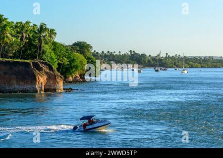 Pipa Beach Brazil. Boats in the late afternoon at Lagoa das Guarairas, Tibau do Sul, near Natal and Pipa beaches, Rio Grande do Norte, Brazil, on Marc Stock Photo