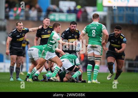 Exeter, UK. 23rd Mar, 2024. Sam Stuart of Newcastle Falcons takes a kick down the pitch during the Gallagher Premiership Rugby match between Exeter Chiefs and Newcastle Falcons Rugby at Sandy Park, Exeter, UK on 23 March 2024. Photo by Scott Boulton. Editorial use only, license required for commercial use. No use in betting, games or a single club/league/player publications. Credit: UK Sports Pics Ltd/Alamy Live News Stock Photo