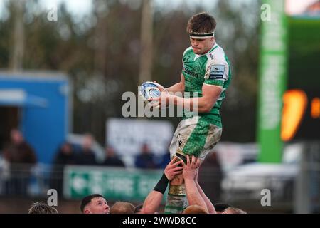 Exeter, UK. 23rd Mar, 2024. Guy Pepper of Newcastle Falcons catches a line-in during the Gallagher Premiership Rugby match between Exeter Chiefs and Newcastle Falcons Rugby at Sandy Park, Exeter, UK on 23 March 2024. Photo by Scott Boulton. Editorial use only, license required for commercial use. No use in betting, games or a single club/league/player publications. Credit: UK Sports Pics Ltd/Alamy Live News Stock Photo