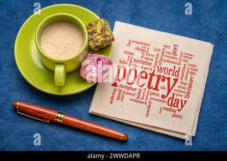 world poetry day - word cloud on a napkin with coffee, cultural event Stock Photo