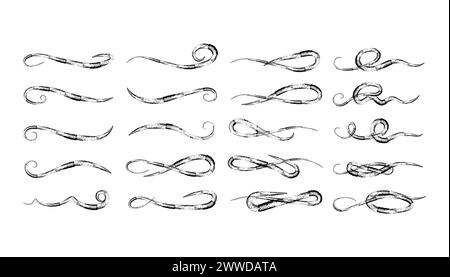 Set of crayon charcoal Swoosh and swoops underline typography tail shapes. Brush drawn thick curved smear. Hand drawn curly swish, swash, squiggle, tw Stock Vector