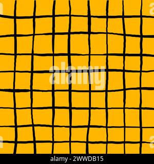 Hand drawn cute grid. doodle yellow, black plaid pattern with Checks. Graph square background with texture. Line art freehand grid vector outline grun Stock Vector