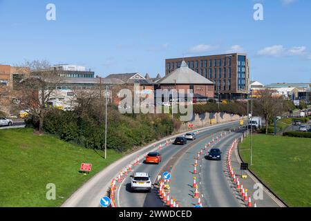 Stockton Riverside Road traffic cones and church Stock Photo - Alamy
